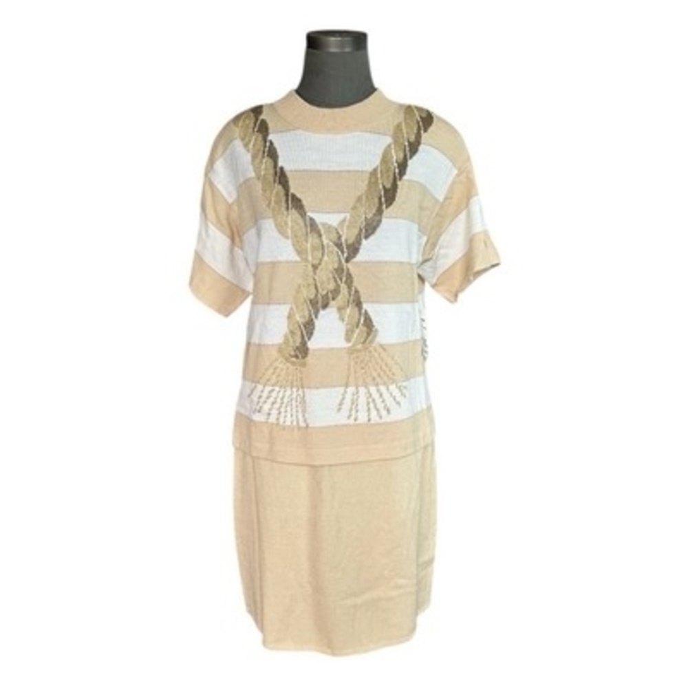 St John Collection Nautical Sweater Skirt Set Beige Ivory Gold Women’s M 12 NWT - Picture 3 of 9